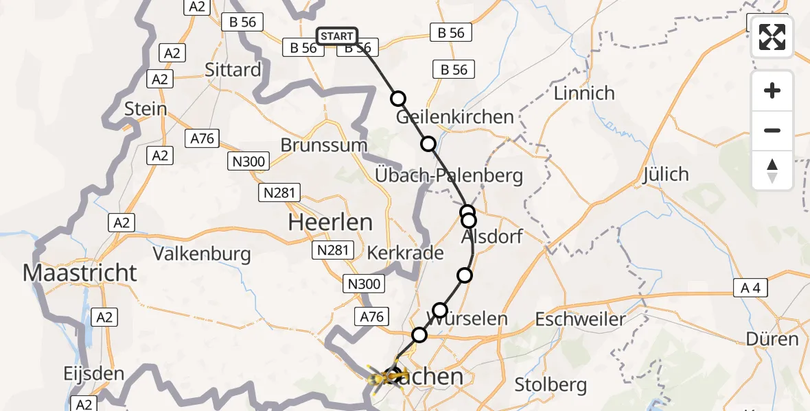 Flugroute Rettungshubschrauber Gangelt - Aachen Hospital, 29 Juli 2026, 19:59