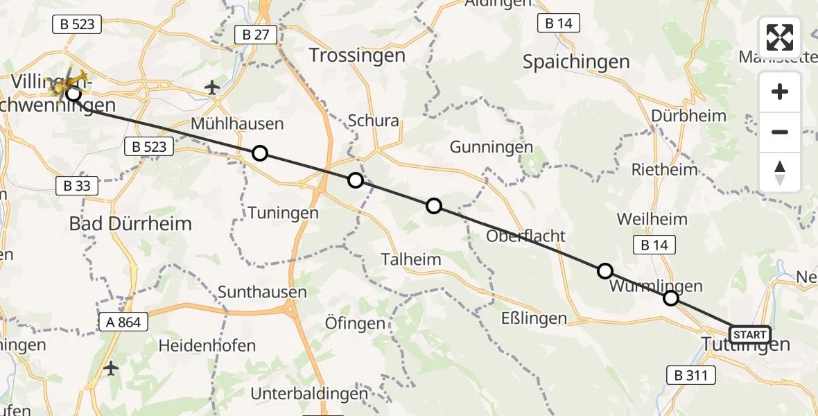 Flugroute Ambulanzhubschrauber Tuttlingen - DRF Air Rescue Station Villingen-Schwenningen Hubschrauberlandeplatz (Christoph 11), 29 Juli 2026, 20:07