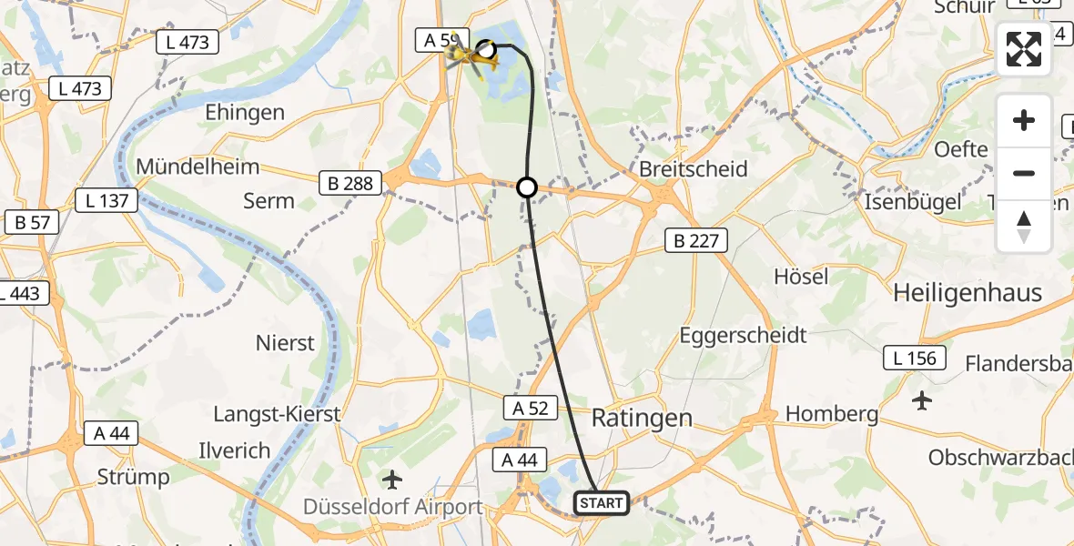 Flugroute Rettungshubschrauber Ratingen - Duisburg Air Rescue Hubschrauberlandeplatz (Christoph 9), 29 Juli 2026, 20:29