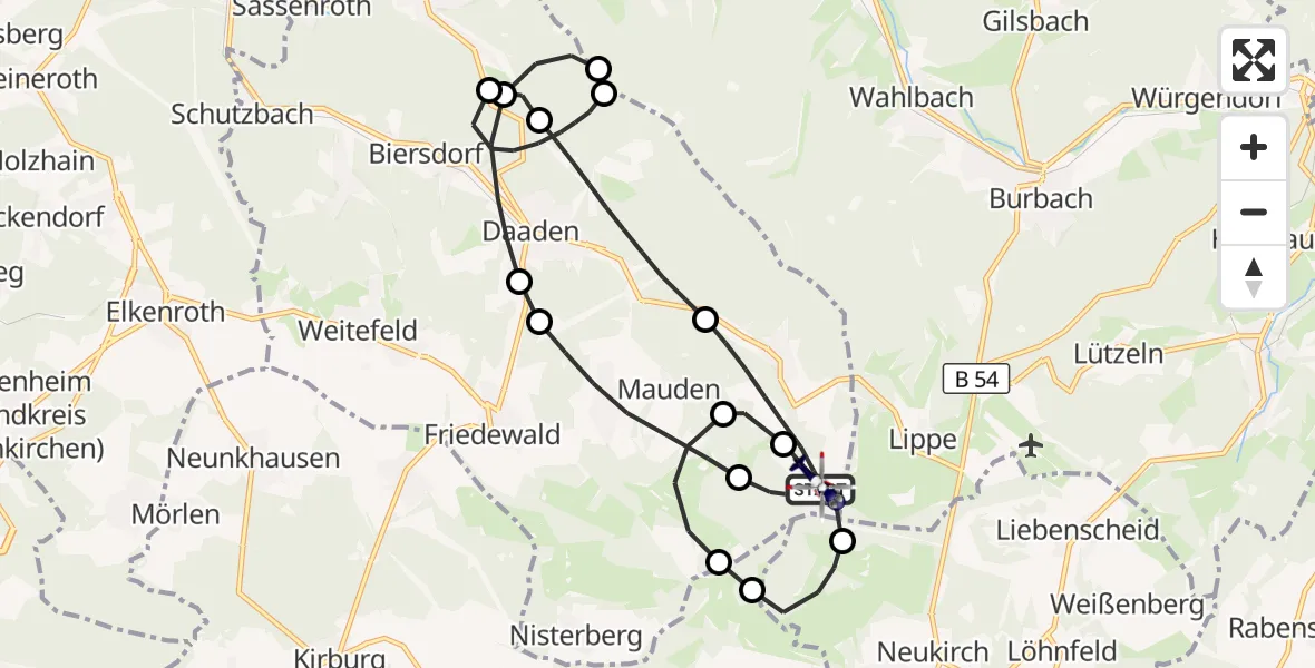 Flugroute Polizeihubschrauber Emmerzhausen - Emmerzhausen, 29 Juli 2026, 20:31