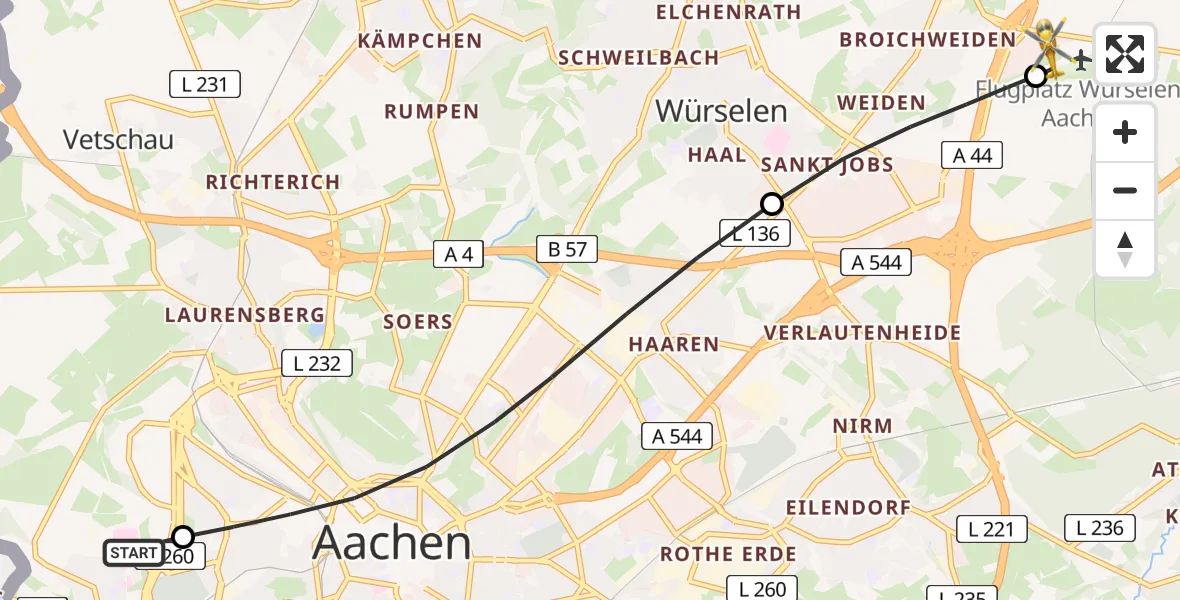 Flugroute Rettungshubschrauber Aachen Hospital - Aachen-Merzbrück Flughafen, 29 Juli 2026, 20:34