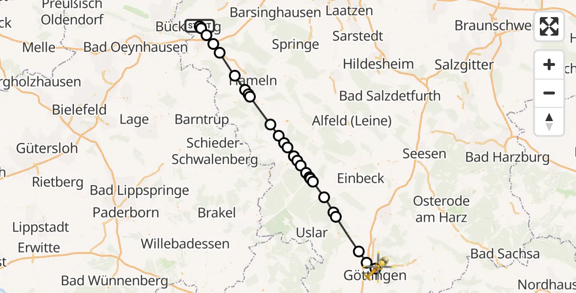 Flugroute Rettungshubschrauber Obernkirchen - Göttingen University Clinic Hubschrauberlandeplatz, 29 Juli 2026, 20:48