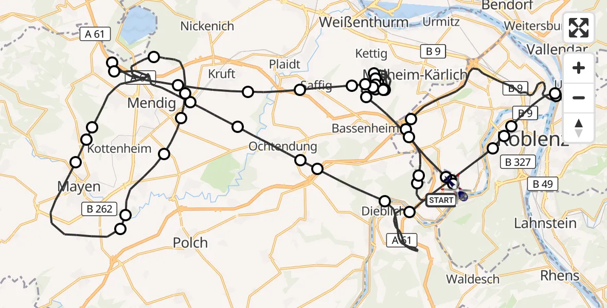 Flugroute Polizeihubschrauber Winningen - Koblenz-Winningen Flugplatz, 29 Juli 2026, 20:56