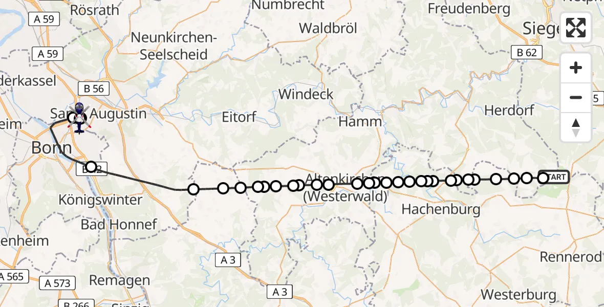 Flugroute Polizeihubschrauber Emmerzhausen - Sankt Augustin, 29 Juli 2026, 20:57