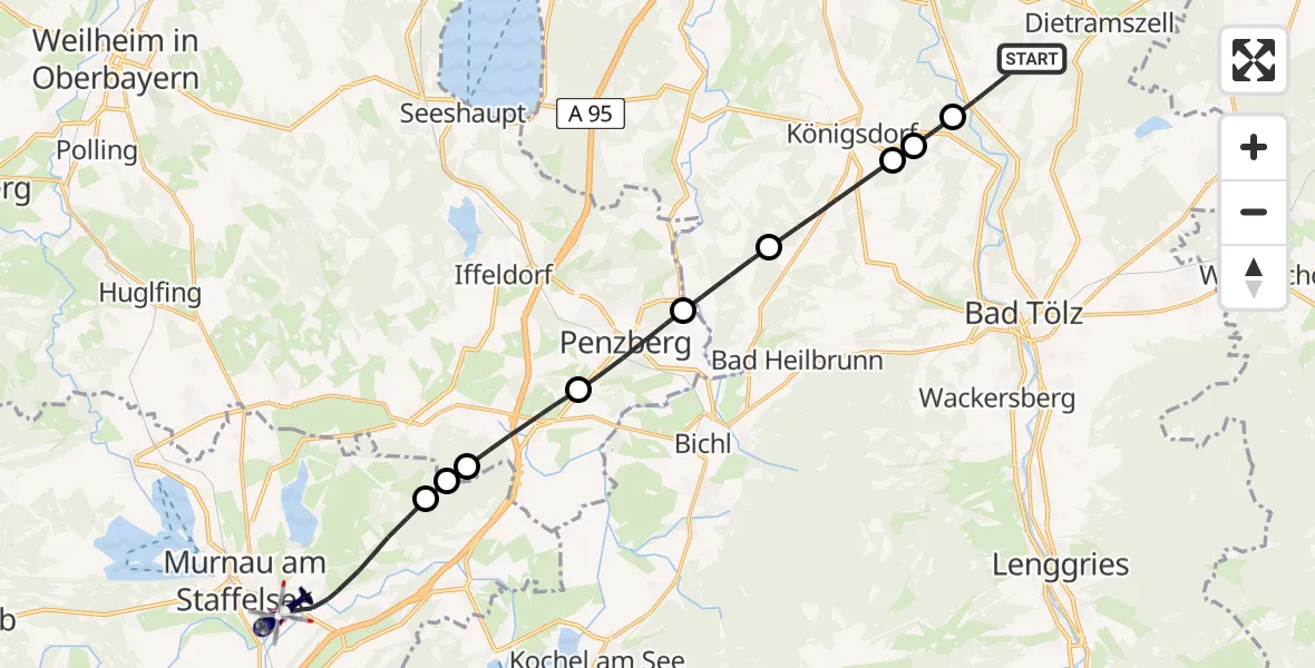 Flugroute Polizeihubschrauber Dietramszell - Murnau a.Staffelsee, 29 Juli 2026, 20:57