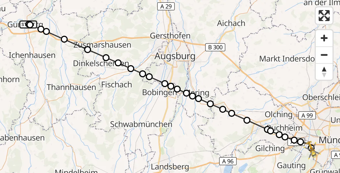 Flugroute Rettungshubschrauber Günzburg Hospital - DRF Air Rescue München Hubschrauberlandeplatz, 29 Juli 2026, 20:59