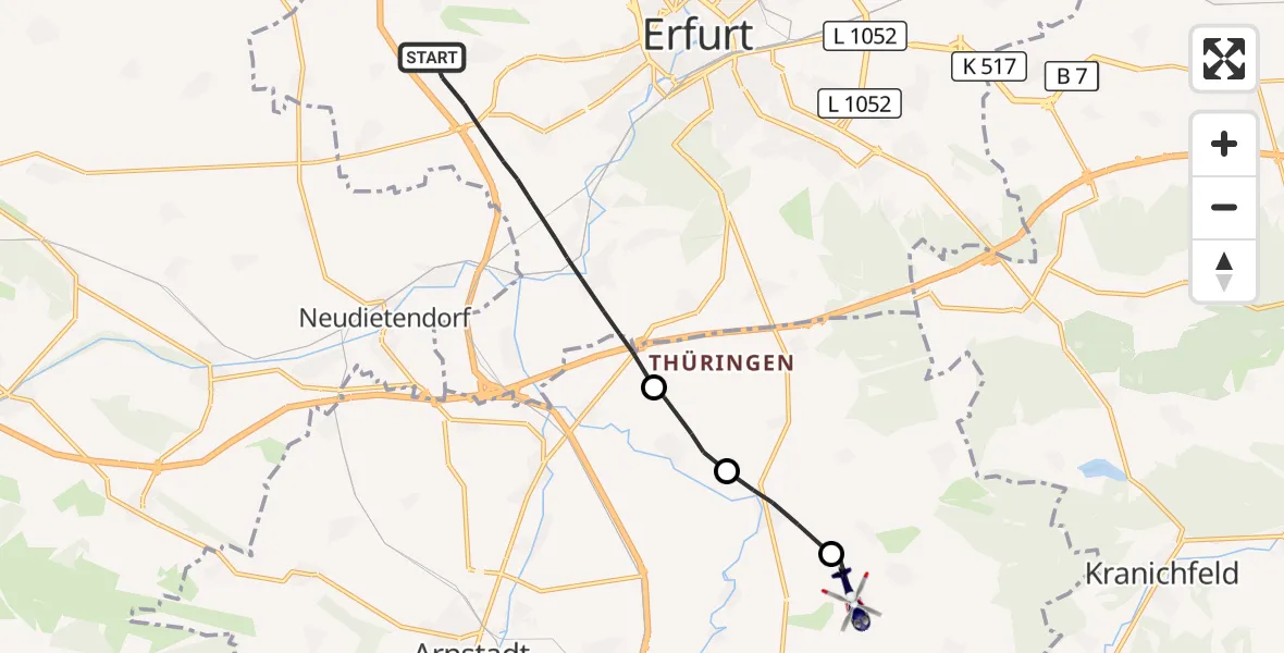 Flugroute Polizeihubschrauber Erfurt - Osthausen-Wülfershausen, 29 Juli 2026, 21:08