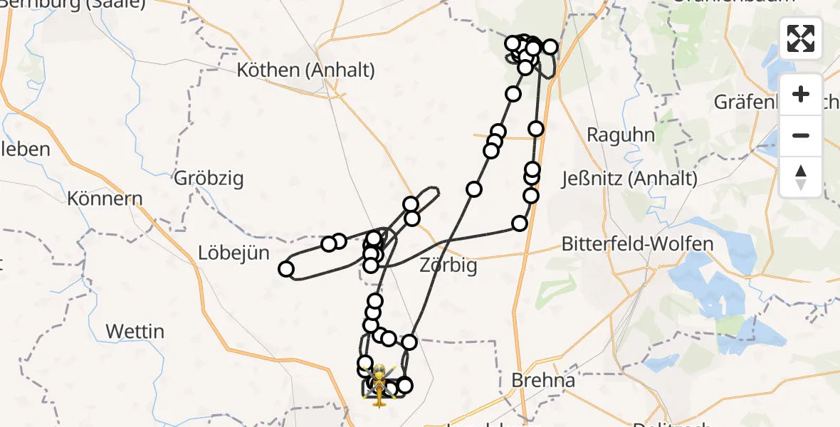 Flugroute Rettungshubschrauber Halle-Oppin Flugplatz - Halle-Oppin Flugplatz, 29 Juli 2026, 21:15
