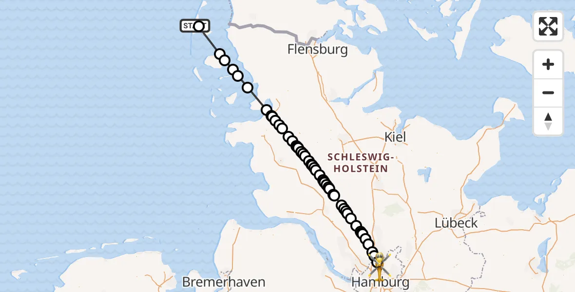 Flugroute Ambulanzhubschrauber Westerland Sylt Flughafen - Hamburg Helmut Schmidt Flughafen, 29 Juli 2026, 21:46