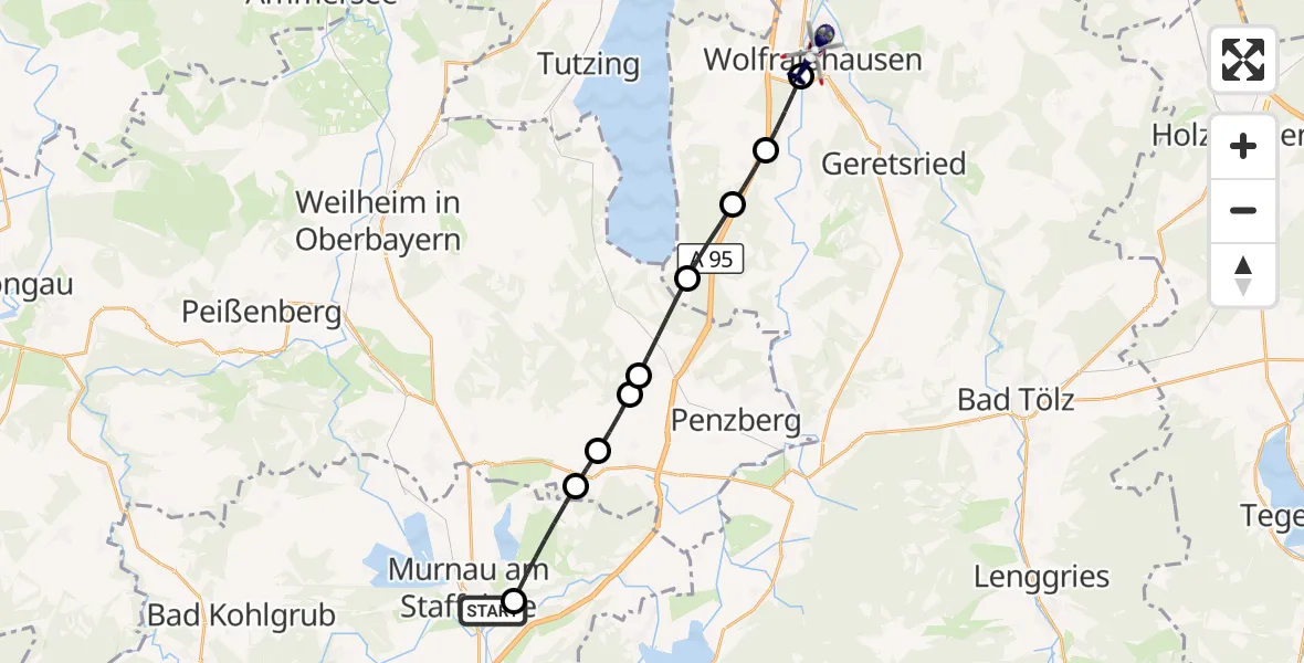 Flugroute Polizeihubschrauber Murnau Accident Hospital - Wolfratshausen Kreisklink Hubschrauberlandeplatz, 29 Juli 2026, 21:52