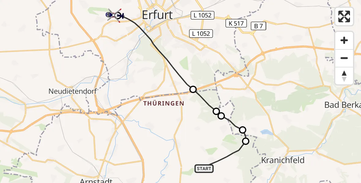 Flugroute Polizeihubschrauber Osthausen-Wülfershausen - Erfurt-Weimar Flughafen, 29 Juli 2026, 22:06