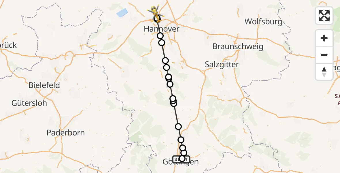 Flugroute Rettungshubschrauber Göttingen University Clinic Hubschrauberlandeplatz - Flughafen Hannover, 29 Juli 2026, 22:14