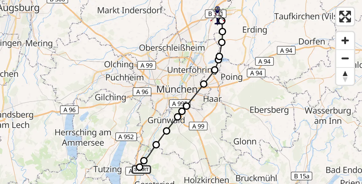 Flugroute Polizeihubschrauber Wolfratshausen Kreisklink Hubschrauberlandeplatz - München Flughafen, 29 Juli 2026, 22:16