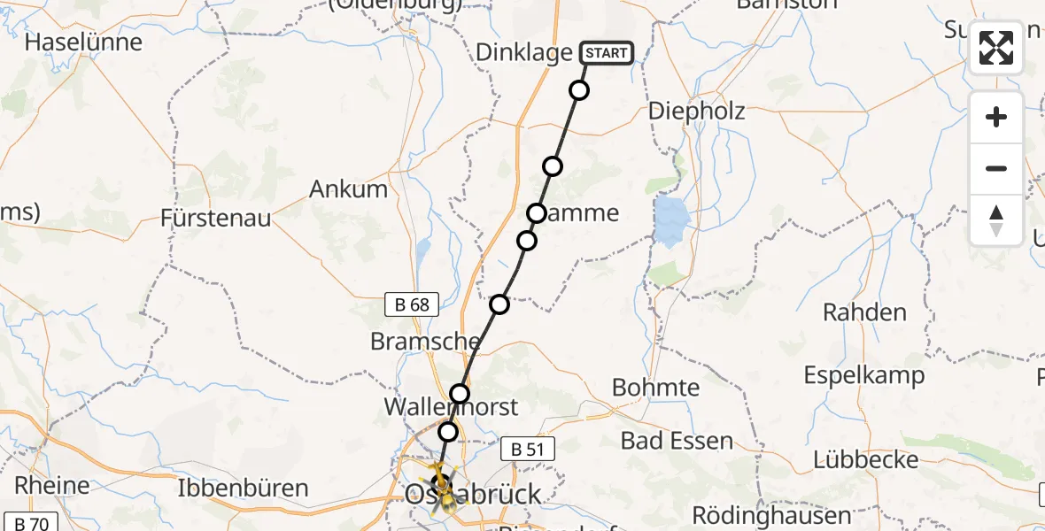 Flugroute Ambulanzhubschrauber Lohne (Oldenburg) - Osnabrück Hospital, 29 Juli 2026, 22:41