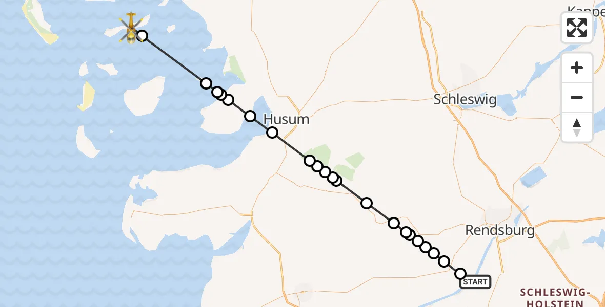 Flugroute Ambulanzhubschrauber Hörsten - Langeneß, 29 Juli 2026, 23:23