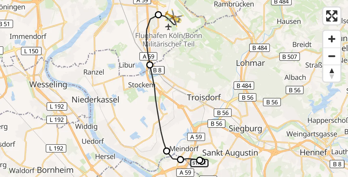 Flugroute Rettungshubschrauber Sankt Augustin - Köln Bonn Flughafen, 30 Juli 2026, 04:18