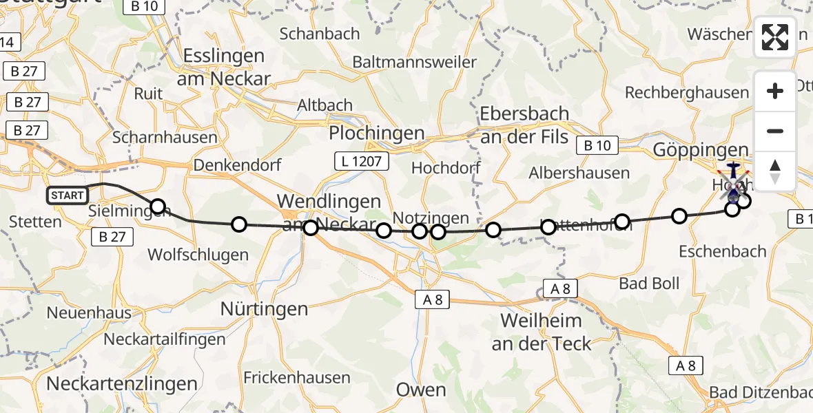 Flugroute Polizeihubschrauber Flughafen Stuttgart - Göppingen, 30 Juli 2026, 05:03