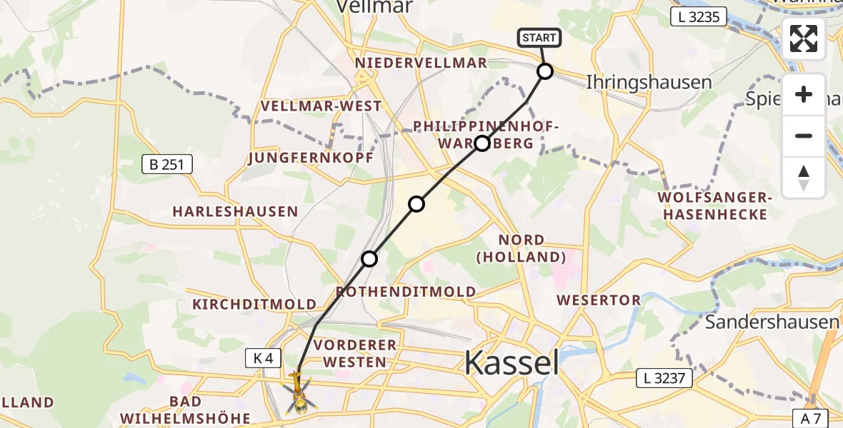 Flugroute Rettungshubschrauber Fuldatal Bundespolizei Hubschrauberlandeplatz - Kassel, 30 Juli 2026, 05:09