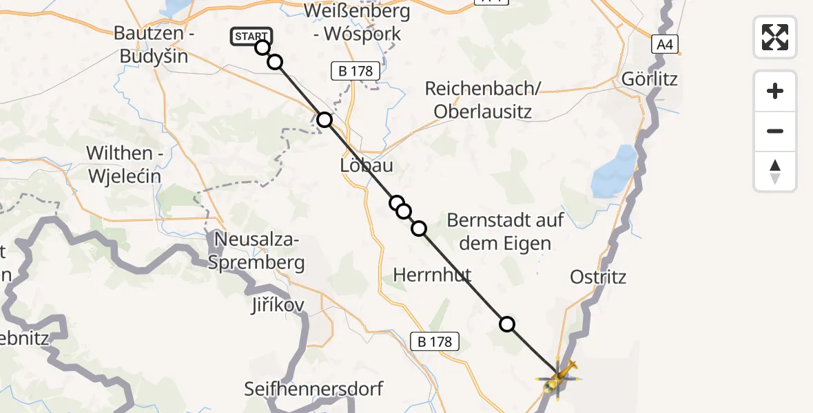 Flugroute Rettungshubschrauber Kubschütz - Zittau, 30 Juli 2026, 05:09
