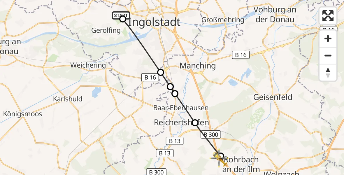 Flugroute Rettungshubschrauber Ingolstadt Hospital - Rohrbach, 30 Juli 2026, 05:30