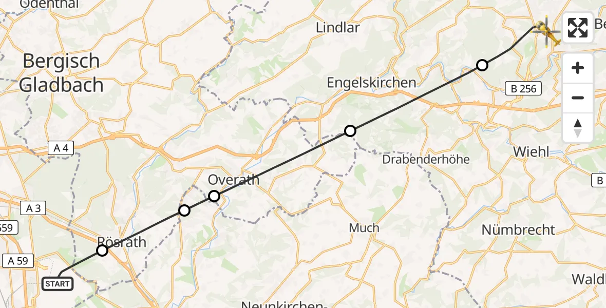 Flugroute Ambulanzhubschrauber Köln Bonn Flughafen - Gummersbach, 30 Juli 2026, 05:43
