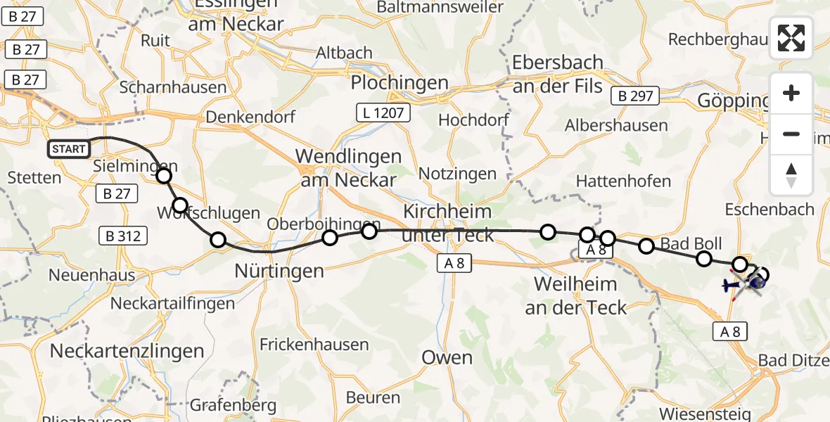 Flugroute Polizeihubschrauber Flughafen Stuttgart - Gruibingen-Nortel Flugplatz, 30 Juli 2026, 05:52