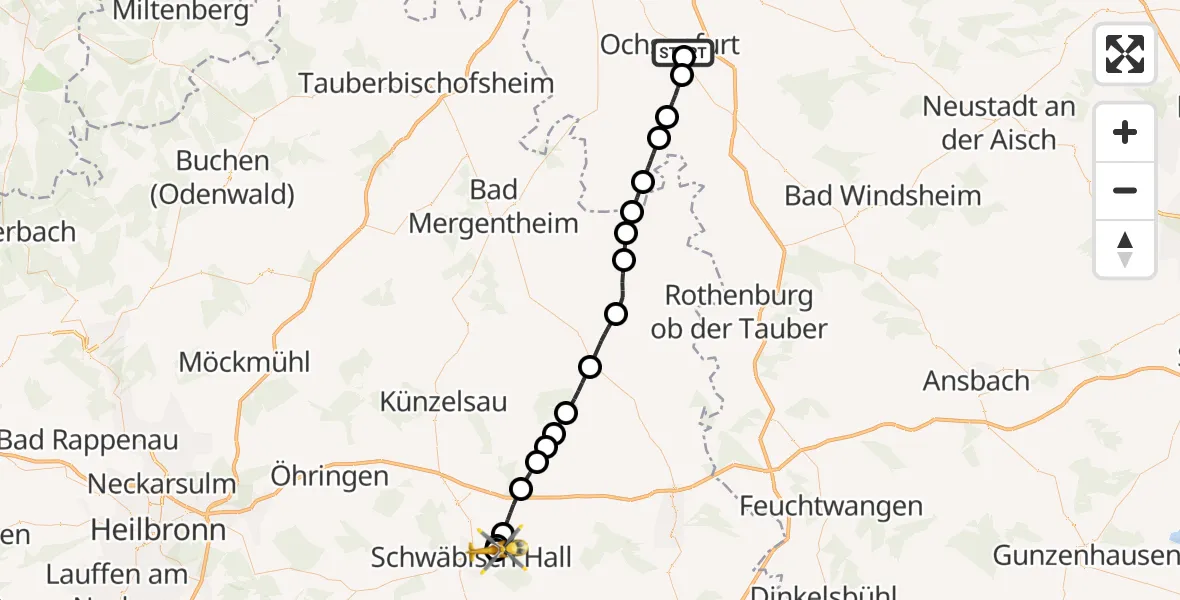 Flugroute Rettungshubschrauber Ochsenfurt Hospital - Adolf Würth Flughafen, 30 Juli 2026, 05:55