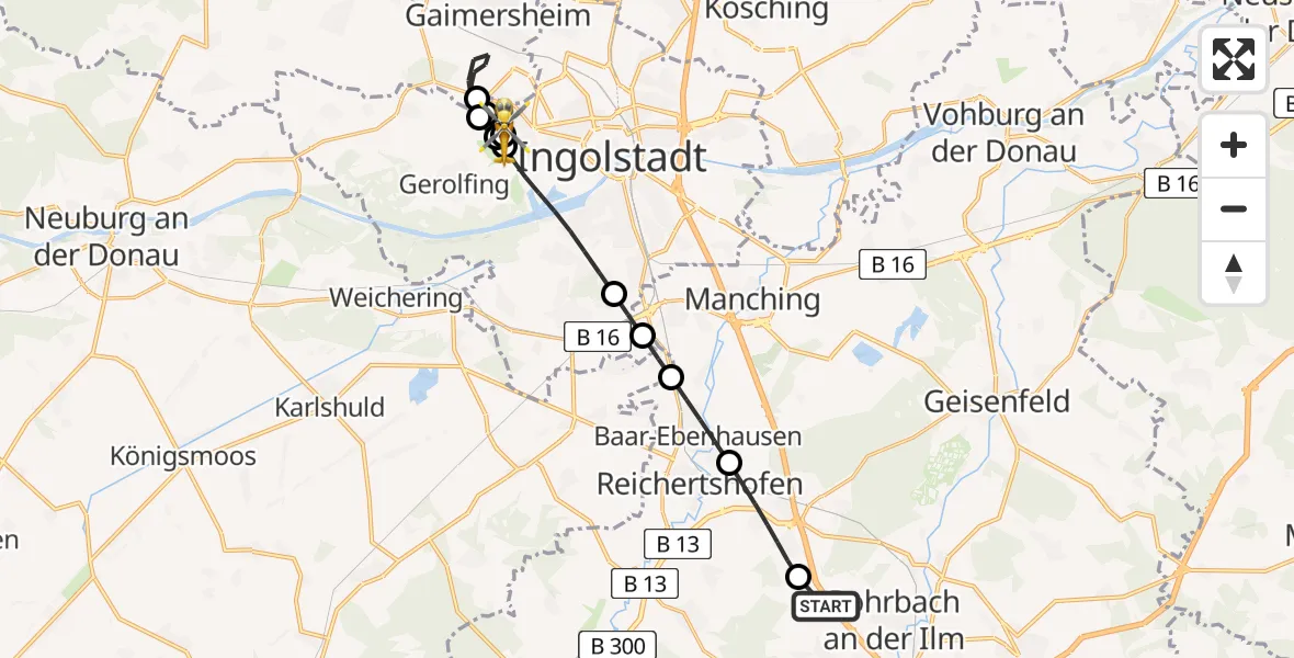 Flugroute Rettungshubschrauber Rohrbach - Ingolstadt Hospital, 30 Juli 2026, 05:55