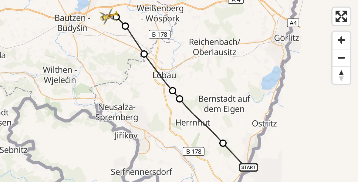 Flugroute Rettungshubschrauber Zittau - Bautzen Flugplatz, 30 Juli 2026, 05:57