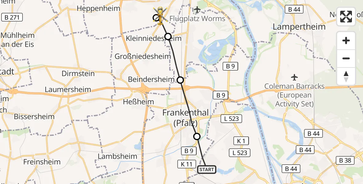 Flugroute Rettungshubschrauber Ludwigshafen am Rhein - Worms, 30 Juli 2026, 06:03