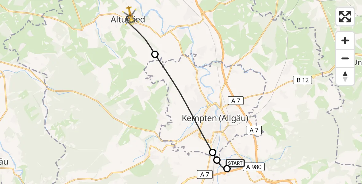 Flugroute Rettungshubschrauber Kempten-Durach Flugplatz - Altusried, 30 Juli 2026, 06:08