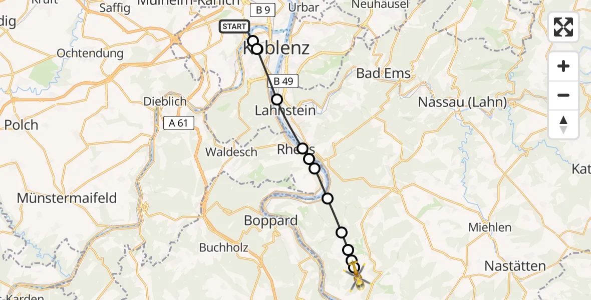 Flugroute Rettungshubschrauber Koblenz - Prath, 30 Juli 2026, 06:09