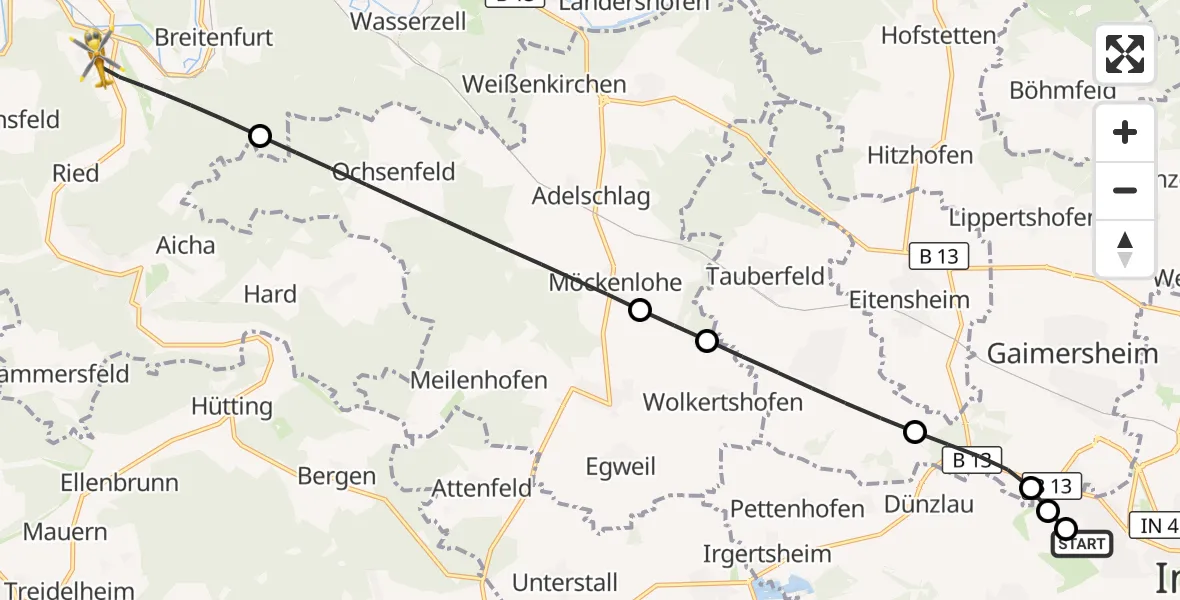 Flugroute Rettungshubschrauber Ingolstadt Hospital - Dollnstein, 30 Juli 2026, 06:16