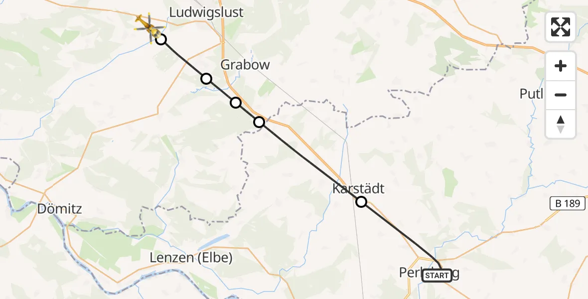 Flugroute Rettungshubschrauber Perleberg - Ludwigslust, 30 Juli 2026, 06:25