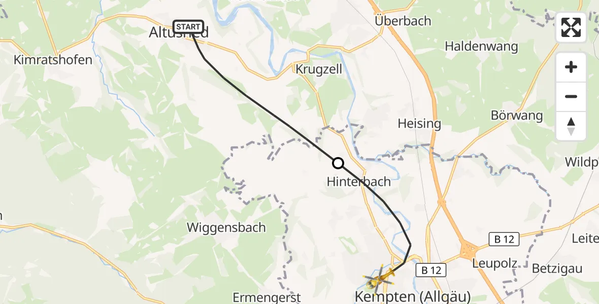 Flugroute Rettungshubschrauber Altusried - Kempten (Allgäu), 30 Juli 2026, 06:35