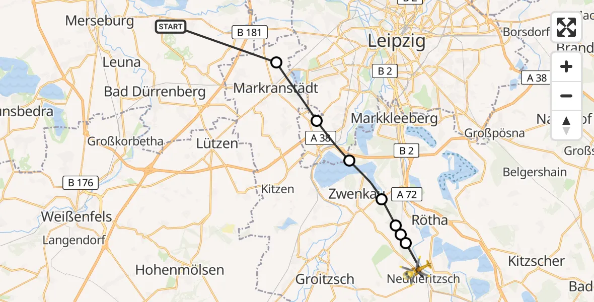 Flugroute Rettungshubschrauber Schkopau - Neukieritzsch, 30 Juli 2026, 06:36