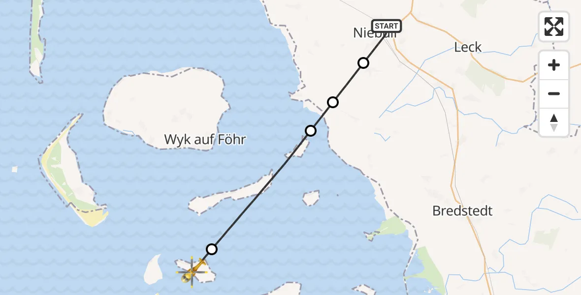 Flugroute Ambulanzhubschrauber Niebüll - Hallig Hooge, 30 Juli 2026, 06:46
