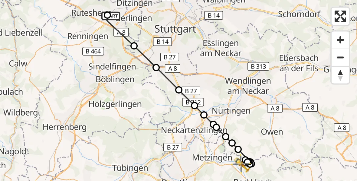 Flugroute Rettungshubschrauber Leonberg Hospital - Dettingen an der Erms, 30 Juli 2026, 06:49