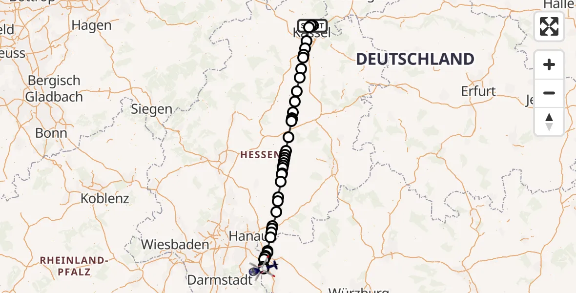 Flugroute Polizeihubschrauber Fuldatal Bundespolizei Hubschrauberlandeplatz - Flugplatz Aschaffenburg, 30 Juli 2026, 06:50