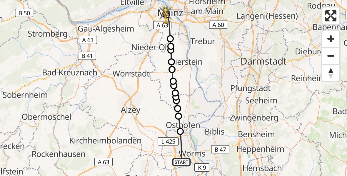 Flugroute Rettungshubschrauber Worms - Mainz University Hospital, 30 Juli 2026, 06:50