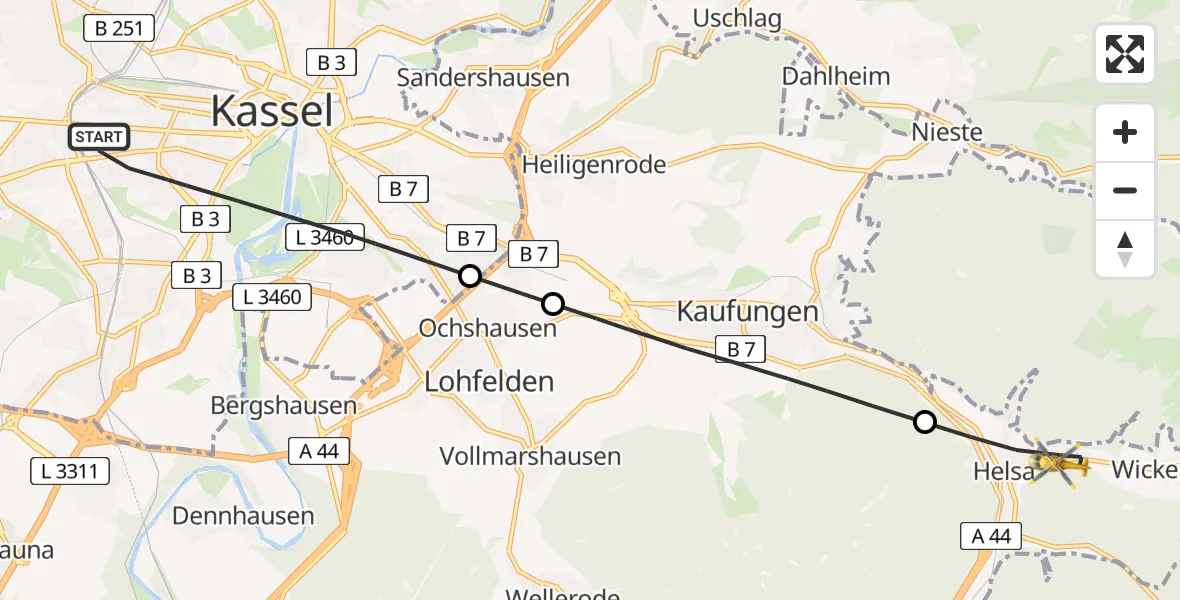 Flugroute Rettungshubschrauber Kassel - Helsa, 30 Juli 2026, 06:55