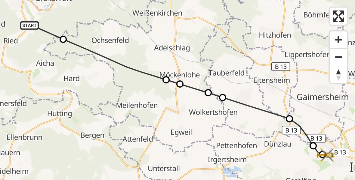 Flugroute Rettungshubschrauber Dollnstein - Ingolstadt Hospital, 30 Juli 2026, 06:57