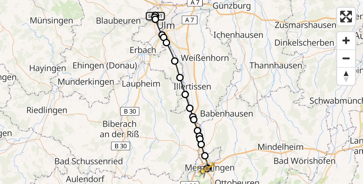 Flugroute Rettungshubschrauber Ulm Military Hospital Emergency - Memmingen Hospital, 30 Juli 2026, 07:00