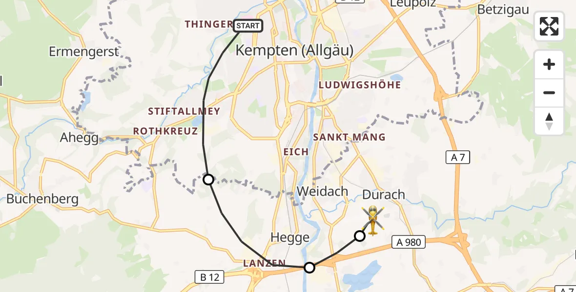 Flugroute Rettungshubschrauber Kempten (Allgäu) - Kempten-Durach Flugplatz, 30 Juli 2026, 07:01