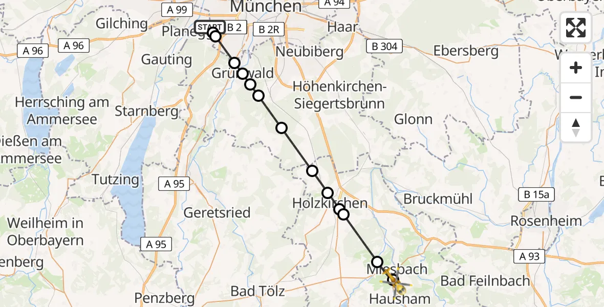 Flugroute Rettungshubschrauber DRF Air Rescue München Hubschrauberlandeplatz - Hausham, 30 Juli 2026, 07:05