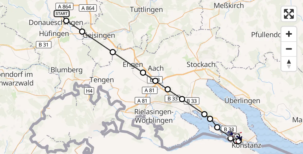 Flugroute Polizeihubschrauber Donaueschingen-Villingen Flugplatz - Konstanz Flugplatz, 30 Juli 2026, 07:06