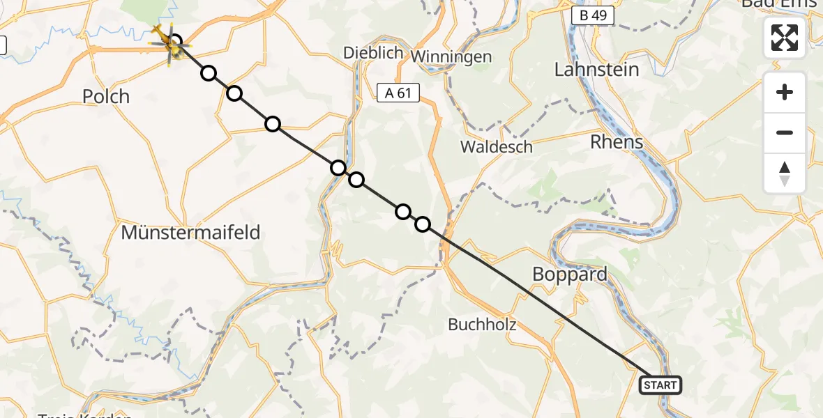 Flugroute Rettungshubschrauber Boppard - Polch, 30 Juli 2026, 07:08
