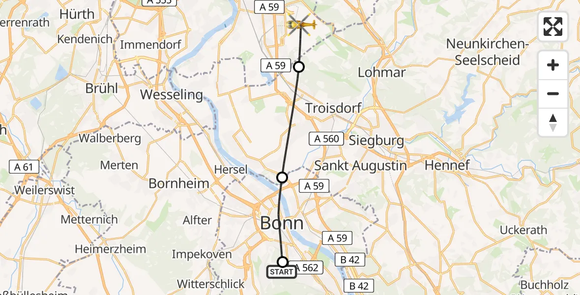 Flugroute Ambulanzhubschrauber Bonn University Hospital - Köln Bonn Flughafen, 30 Juli 2026, 07:12