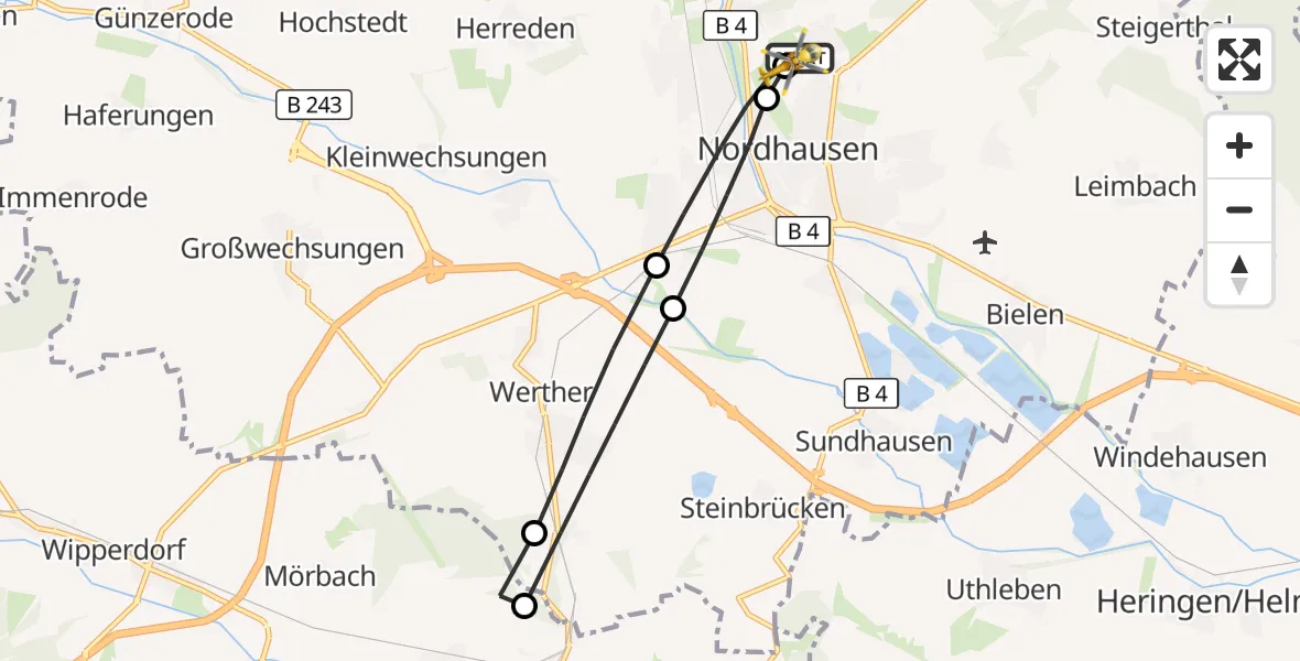 Flugroute Rettungshubschrauber Südharz Hospital Nordhausen - Südharz Hospital Nordhausen, 30 Juli 2026, 07:13