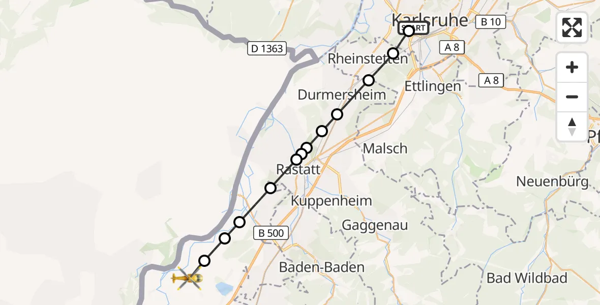Flugroute Ambulanzhubschrauber Sankt Vincentius Hospital - Rheinmünster, 30 Juli 2026, 07:17